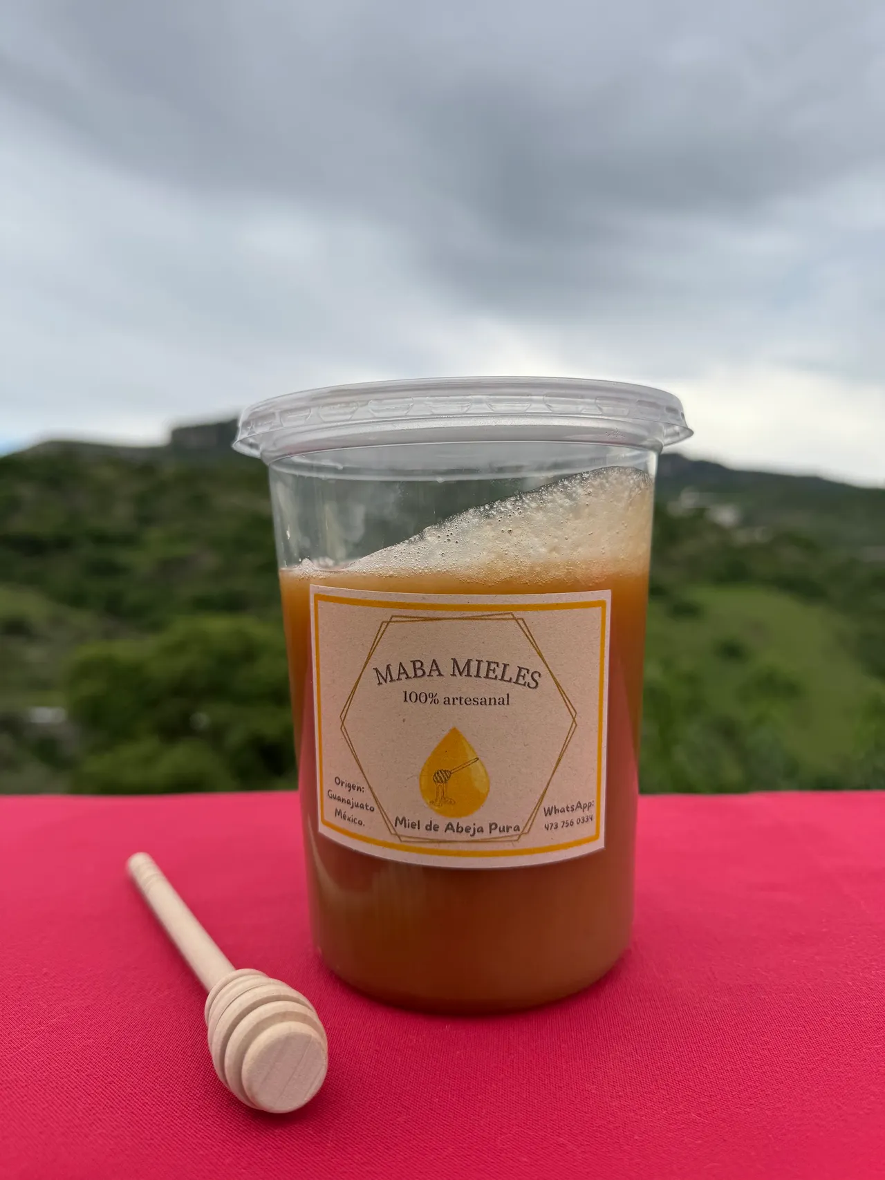 Bote de miel de mezquite MABA frente a la sierra de Guanajuato